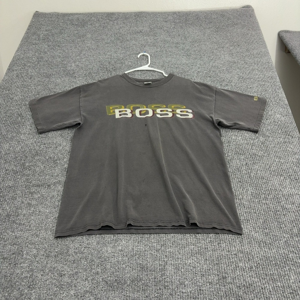 Vintage Boss T Shirt Mens L Grey Cotton Logo Graphic Distressed Streetwear 90s